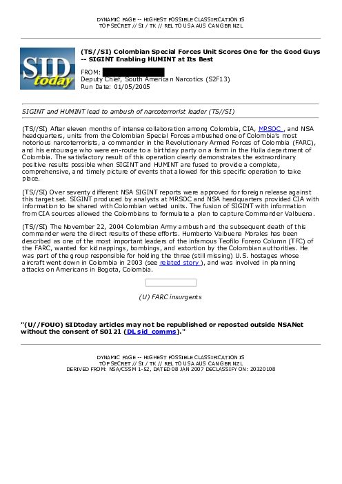 (TS//SI) Colombian Special Forces Unit Scores One for the Good Guys -- SIGINT Enabling HUMINT at Its Best