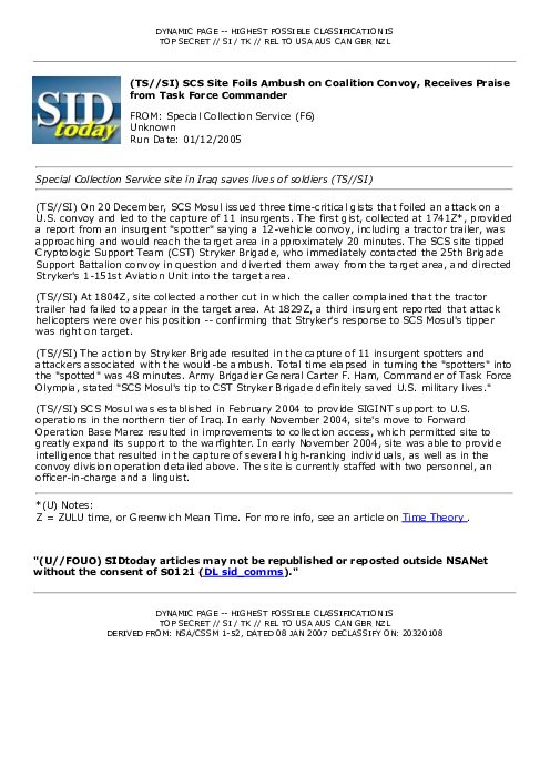 \⠀吀匀⼀⼀匀䤀尩 SCS Site Foils Ambush on Coalition Convoy, Receives Praise from Task Force Commander