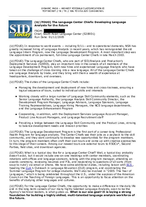 (U//FOUO) The Language Center Chiefs: Developing Language Analysts for the Future