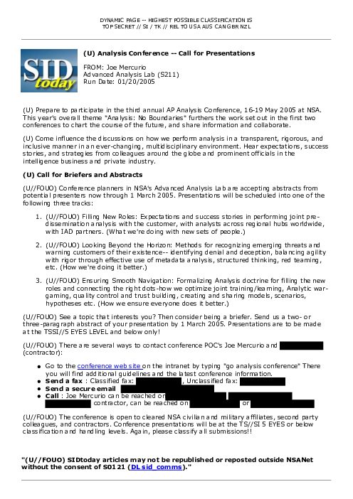 (U) Analysis Conference -- Call for Presentations
