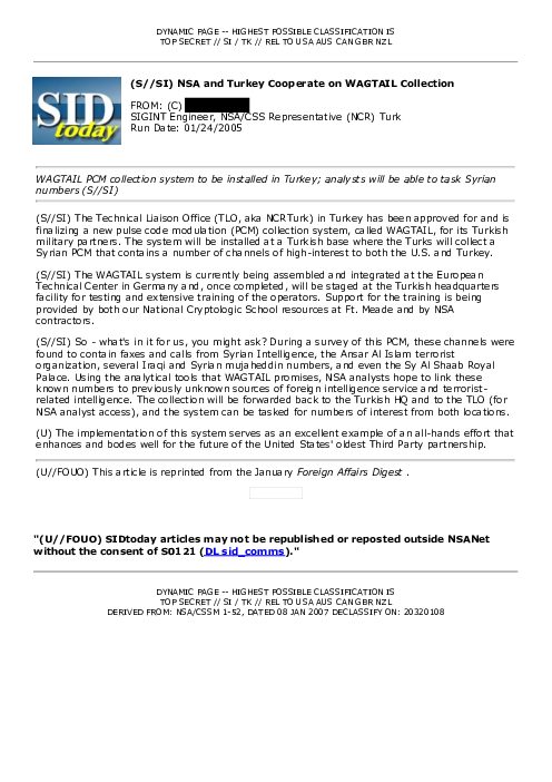(S//SI) NSA and Turkey Cooperate on WAGTAIL Collection
