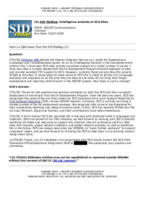 (S) <u>SID Mailbag</u>: Intelligence Analysts at SCS Sites