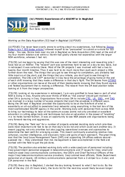 (U//FOUO) Experiences of a SIGINT'er in Baghdad