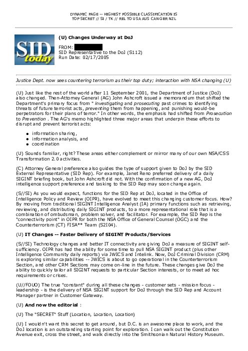 (U) Changes Underway at DoJ