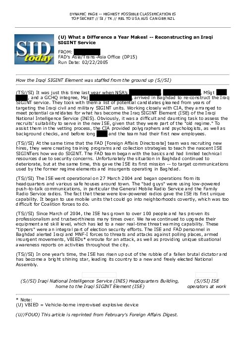 (U) What a Difference a Year Makes! -- Reconstructing an Iraqi SIGINT Service