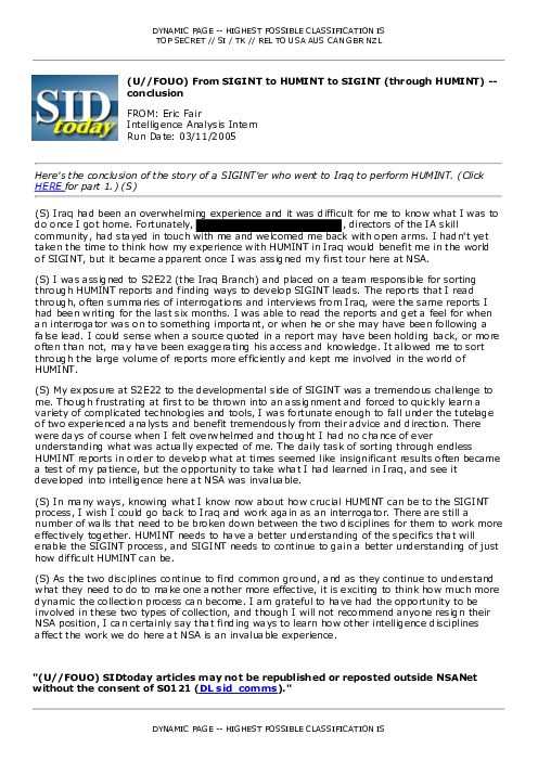 2005-03-11 SIDToday - From SIGINT to HUMINT to SIGINT through HUMINT -- conclusion