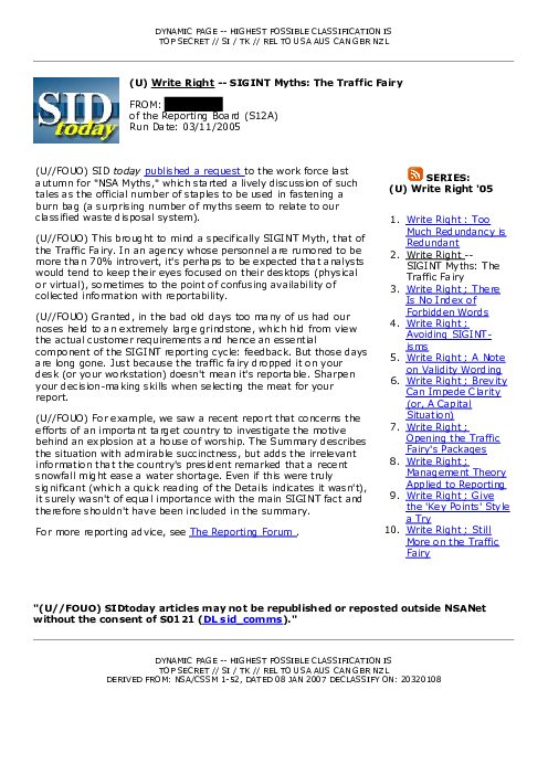 (U) <u>Write Right</u> -- SIGINT Myths: The Traffic Fairy