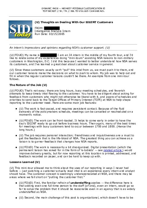 (U) Thoughts on Dealing With Our SIGINT Customers