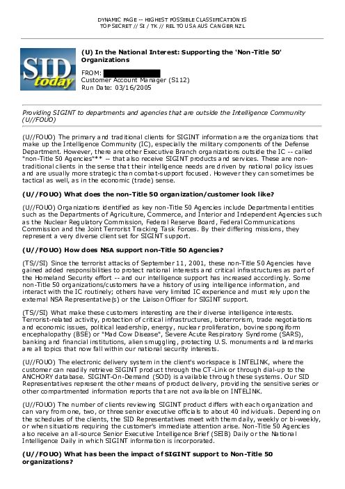 (U) In the National Interest: Supporting the 'Non-Title 50' Organizations