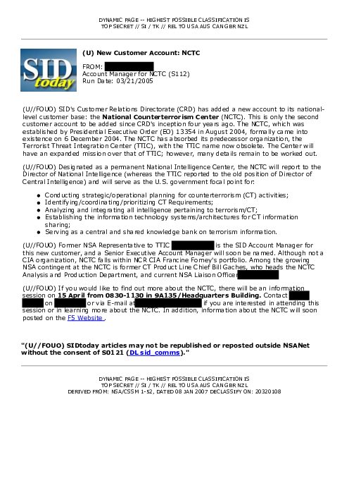 (U) New Customer Account: NCTC