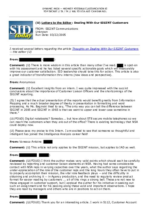 (U) <u>Letters to the Editor</u>: Dealing With Our SIGINT Customers