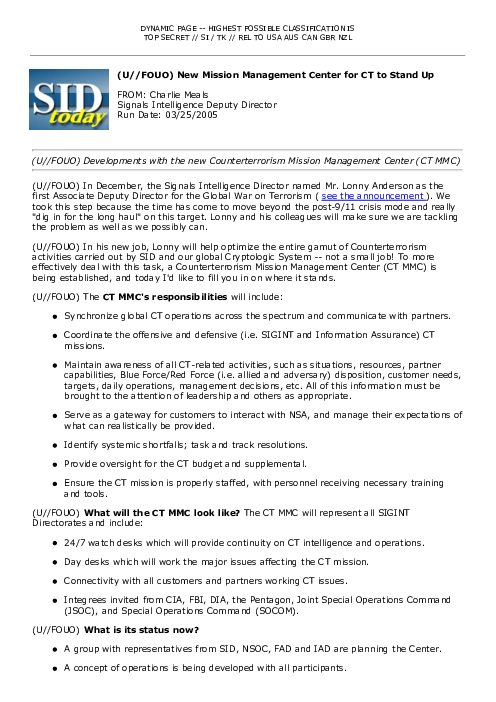 (U//FOUO) New Mission Management Center for CT to Stand Up