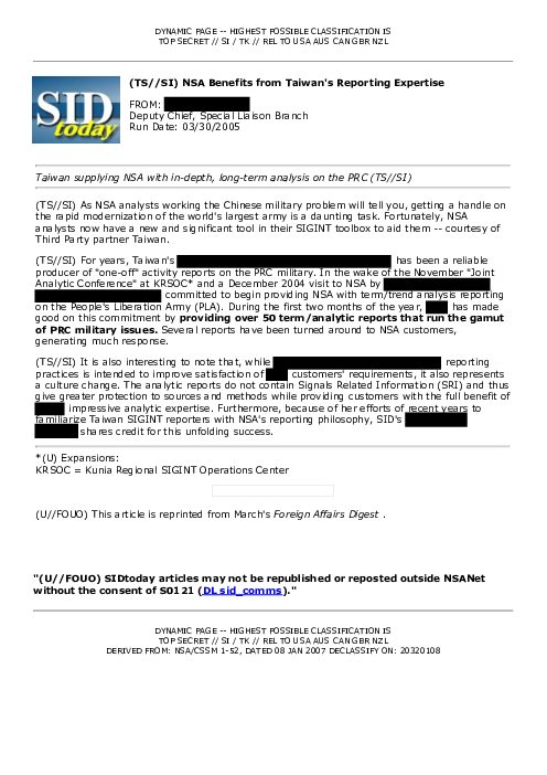(TS//SI) NSA Benefits from Taiwan's Reporting Expertise