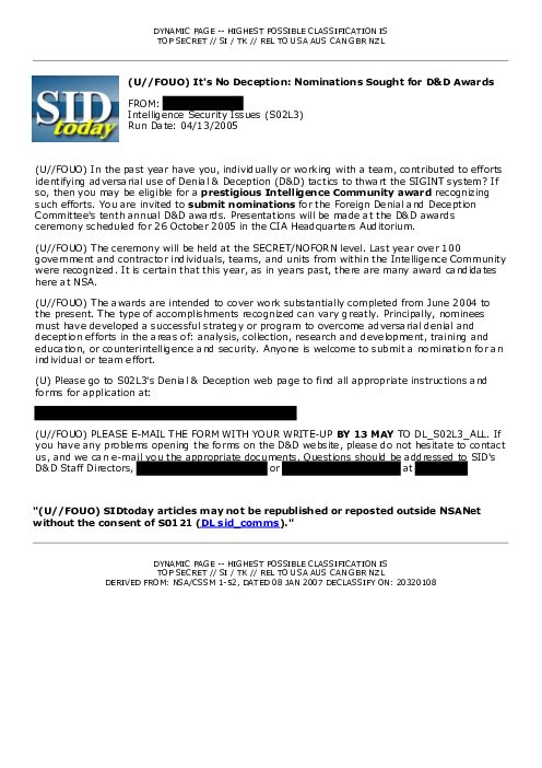 (U//FOUO) It's No Deception: Nominations Sought for D&amp;D Awards
