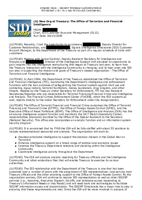 (U) New Org at Treasury: The Office of Terrorism and Financial Intelligence