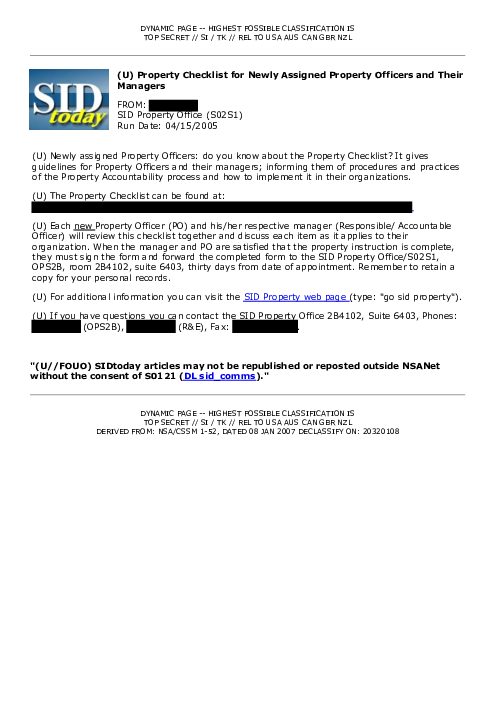2005-04-15 SIDToday - Property Checklist for Newly Assigned Property Officers and Their Managers