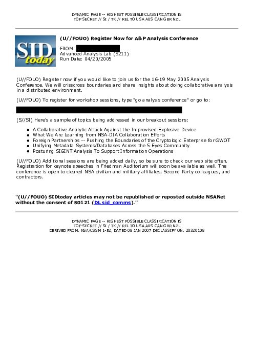 (U//FOUO) Register Now for A&amp;P Analysis Conference