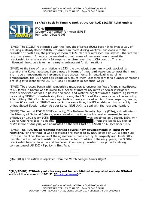 (S//SI) Back in Time: A Look at the US-ROK SIGINT Relationship