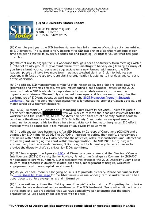 (U) SID Diversity Status Report