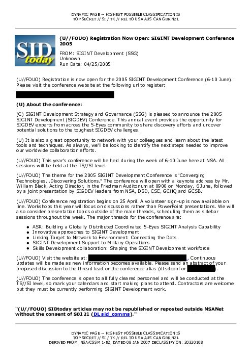 (U//FOUO) Registration Now Open: SIGINT Development Conference 2005