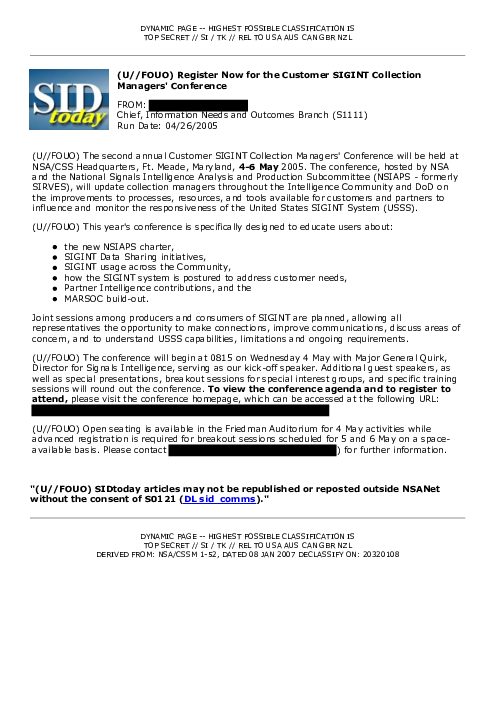 (U//FOUO) Register Now for the Customer SIGINT Collection Managers' Conference
