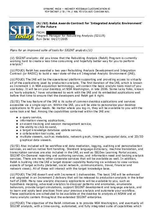 (S//SI) RebA Awards Contract for 'Integrated Analytic Environment' of the Future
