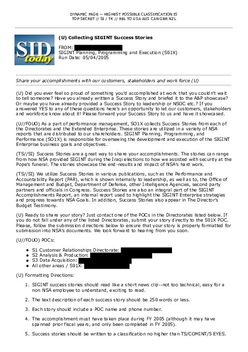 (U) Collecting SIGINT Success Stories