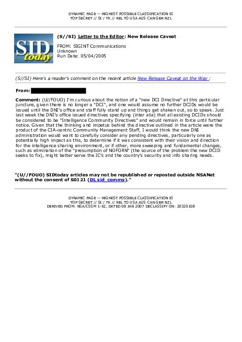 (S//SI) <u>Letter to the Editor</u>: New Release Caveat