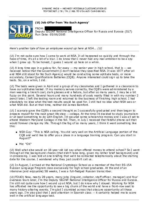(U) Job Offer from 'No Such Agency'