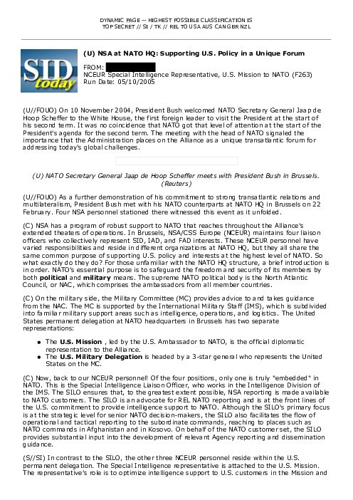 (U) NSA at NATO HQ: Supporting U.S. Policy in a Unique Forum