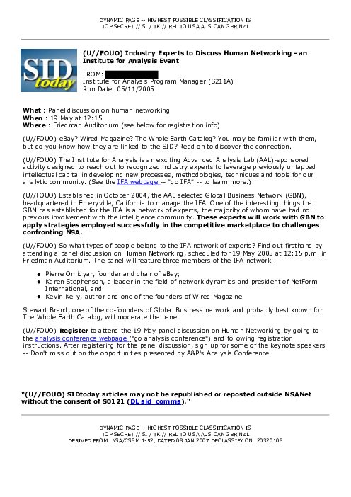 (U//FOUO) Industry Experts to Discuss Human Networking - an Institute for Analysis Event