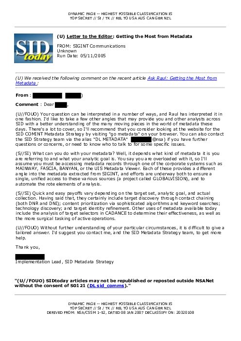 (U) <u>Letter to the Editor</u>: Getting the Most from Metadata