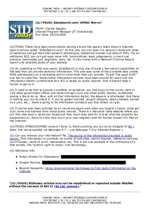 (U//FOUO) ZabaSearch.com: OPSEC Worry?