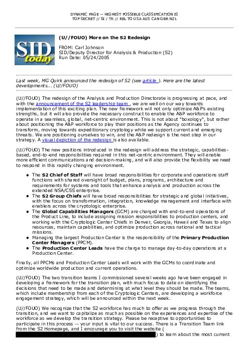 (U//FOUO) More on the S2 Redesign