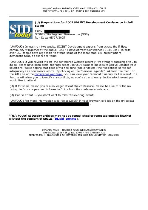(U) Preparations for 2005 SIGINT Development Conference in Full Swing