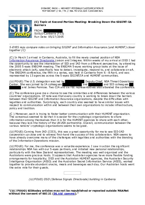 (C) Topic at Second Parties Meeting: Breaking Down the SIGINT-IA Barriers