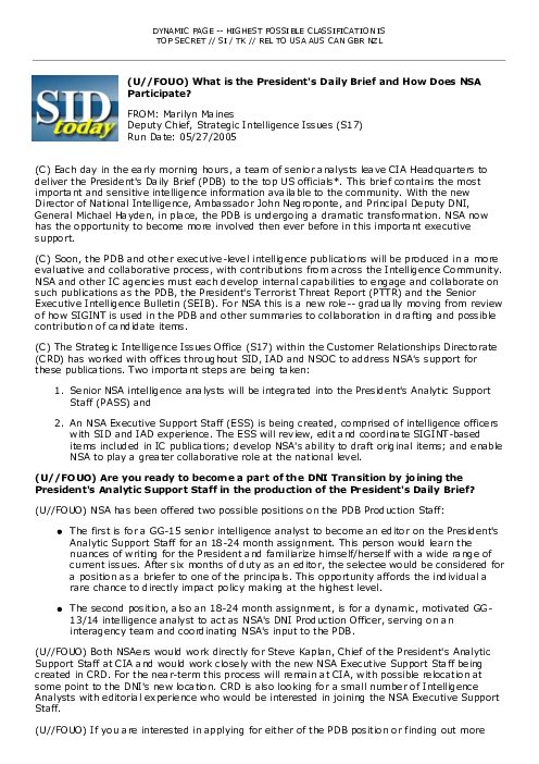 (U//FOUO) What is the President's Daily Brief and How Does NSA Participate?