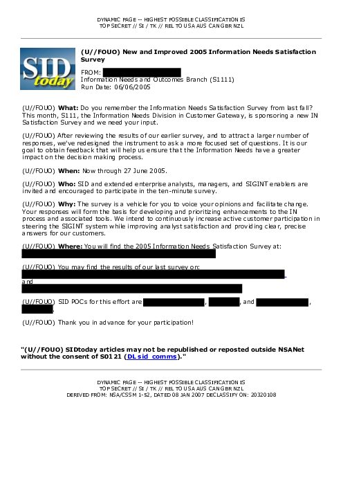 (U//FOUO) New and Improved 2005 Information Needs Satisfaction Survey