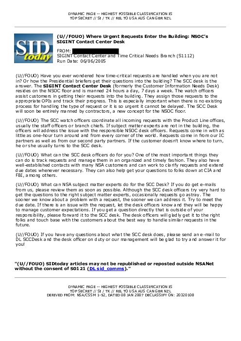 (U//FOUO) Where Urgent Requests Enter the Building: NSOC's SIGINT Contact Center Desk