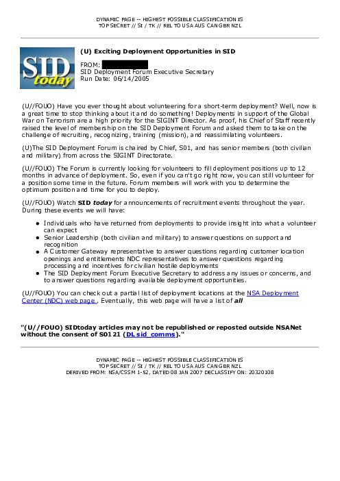 (U) Exciting Deployment Opportunities in SID
