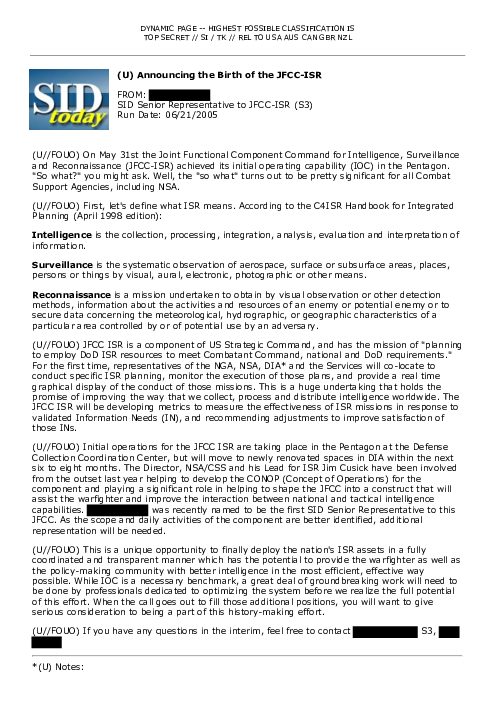 (U) Announcing the Birth of the JFCC-ISR