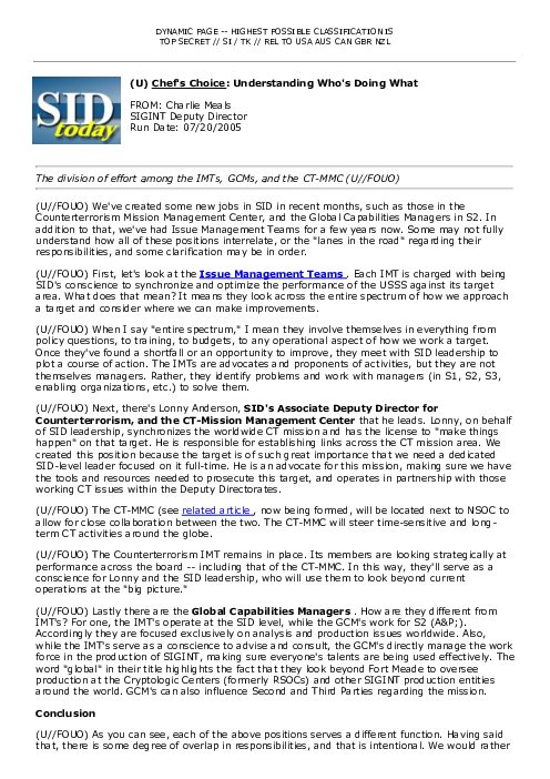 2005-07-20 SIDToday - Chefs Choice Understanding Whos Doing What