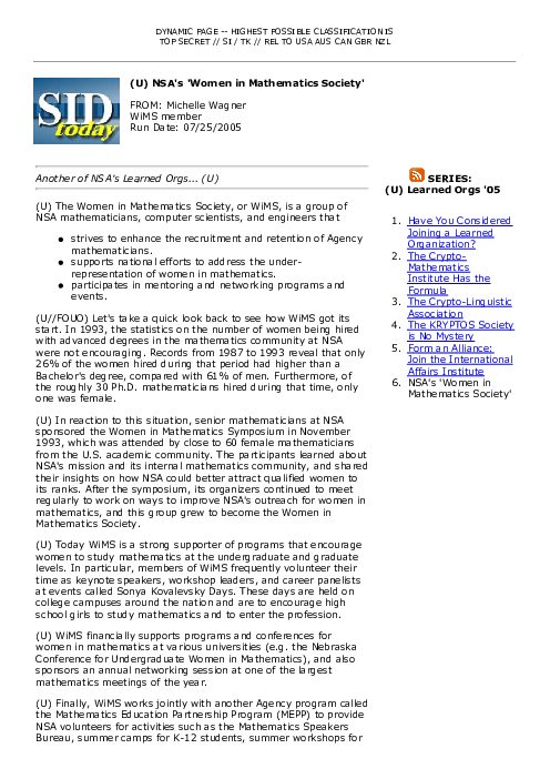 (U) NSA's 'Women in Mathematics Society'