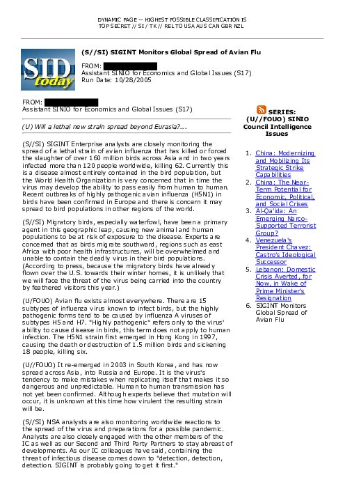 (S//SI) SIGINT Monitors Global Spread of Avian Flu