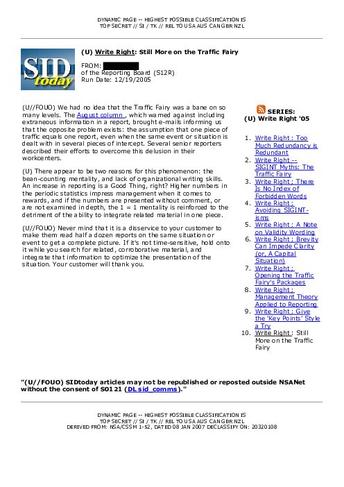 (U) <u>Write Right</u>: Still More on the Traffic Fairy