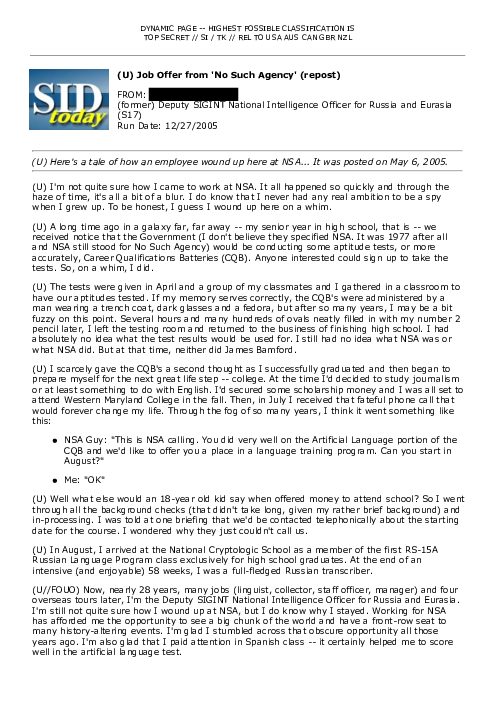 (U) Job Offer from 'No Such Agency' (repost)