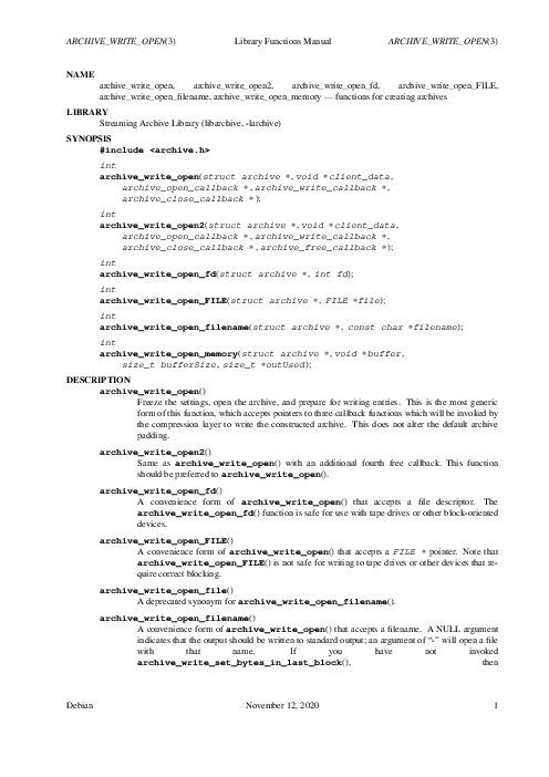 ARCHIVE_WRITE_OPEN(3) Library Functions Manual ARCHIVE_WRITE_OPEN(3) (2020).pdf