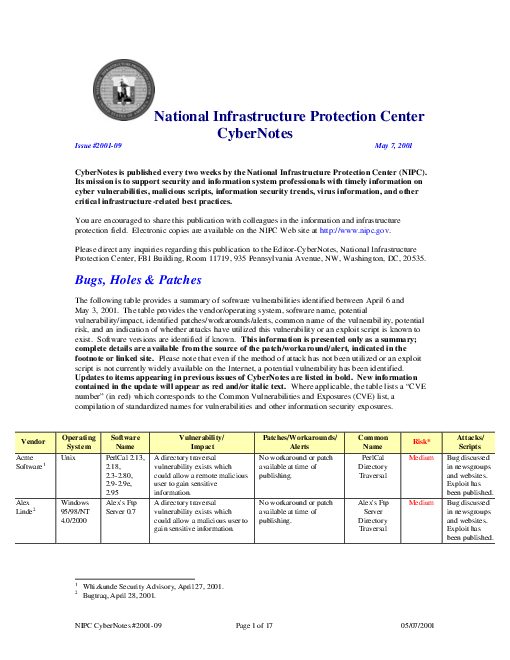 National Infrastructure Protection Center Cyber Notes May 7 2001 (2001).pdf